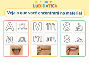Exemplos de cartazes do alfabeto fonético para alfabetização com apoio visual da articulação dos sons.