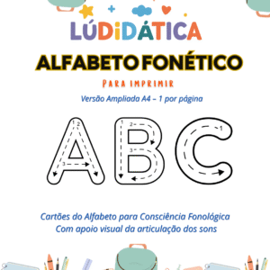 Cartazes do alfabeto fonético com apoio visual da articulação dos sons para alfabetização infantil em formato A4
